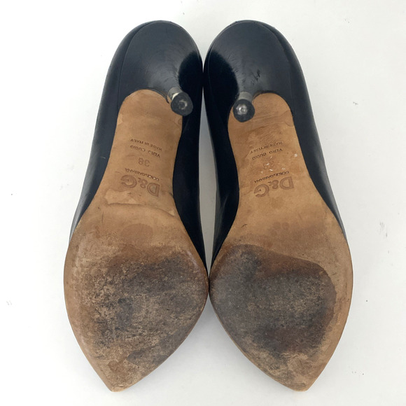 D&G Dolce & Gabanna Black Pump Point Toe Leather Gold Heel Slim 38 - Picture 8 of 9